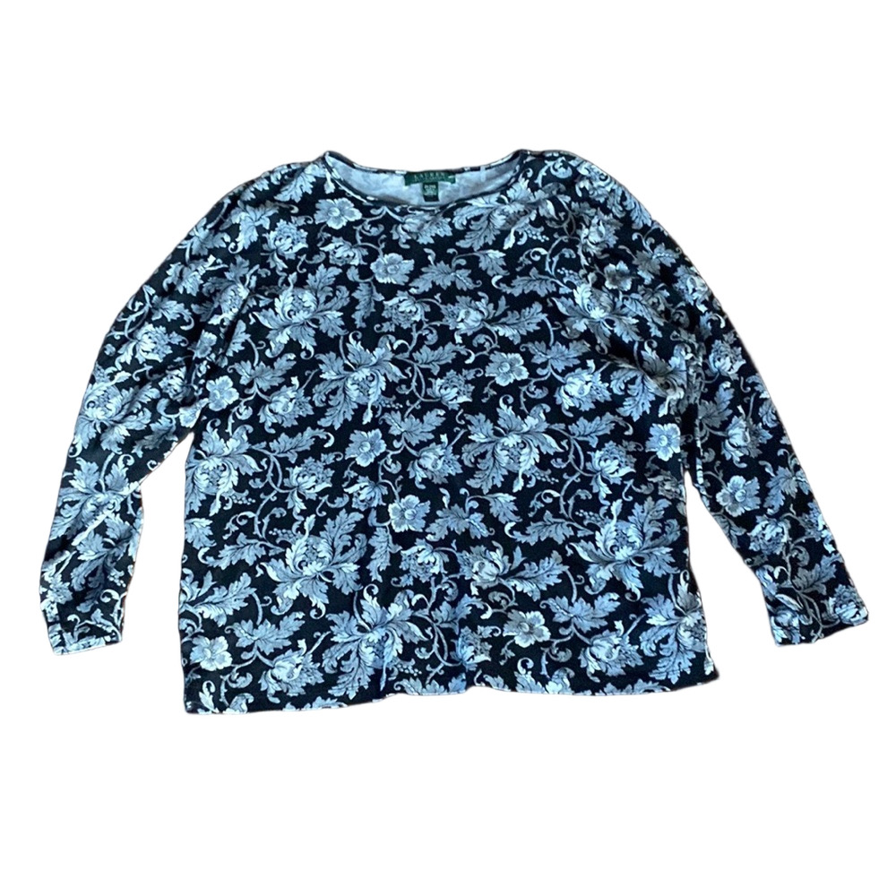 Lauren Ralph Lauren Floral Print Long Sleeve Top Size 2X Black White